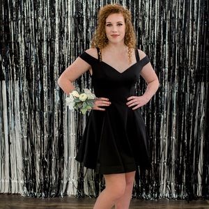Black crepe short gown with shoulder cut outs- Dave and Johnny size 10